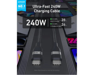 ANKER USB tip-C kabl M/M 1.8m, za Super brzo punjenje 240W/480Mbps, pleteni, crni