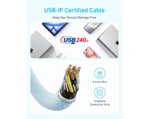 ANKER Zolo USB tip-C kabl M/M 1.8m, za Apple, super brzo punjenje 240W/480Mbps, pleteni, crni