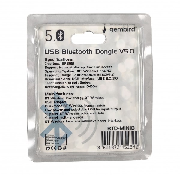 BTD-MINI8 ** Gembird USB2.0/3.0 Bluetooth dongle v5.0, 2.4Ghz 3MB/s(24Mbps) 8dBm 20m BR8651(399) - Слика 2