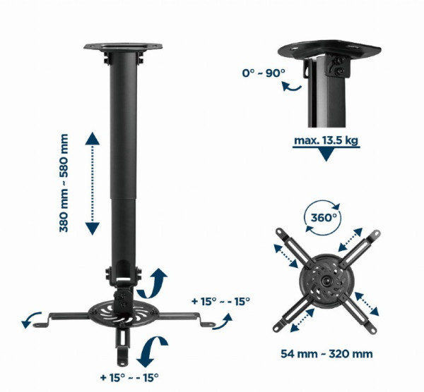 CM-B-01 Gembird univerzalni plafonski nosac za projektor rotirajuci + tilt 15°, 380-580mm - Слика 2
