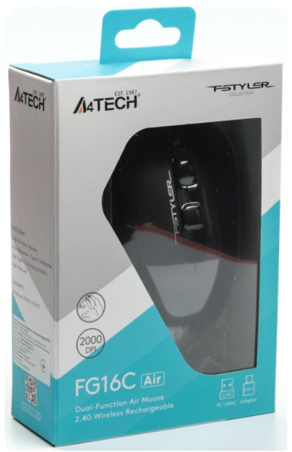 A4 TECH A4-FG16C Air BLACK A4Tech Fstyler DESK+AIR bezicni opticki mis 2.4Ghz,1000-2000Dpi,rechargeable 109m - Слика 7